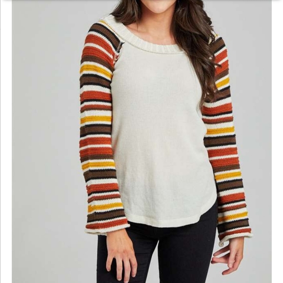 NWT Altar'd State Samantha Top Waffle Knit Ivory Blue Grey Bell Sleeves - Size M - Picture 9 of 15